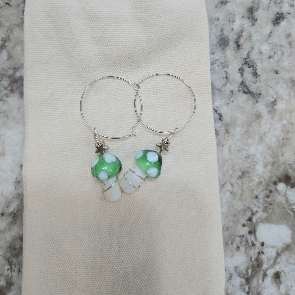Glass Mushroom Hoop Earrings